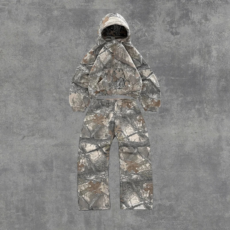 2 Pcs Outerwear Co-ords,Y2K Retro Camo Men Zipper Hoodie Camouflage Streetwear, Hip Hop Unisex Oversized Sweatshirt Sets.