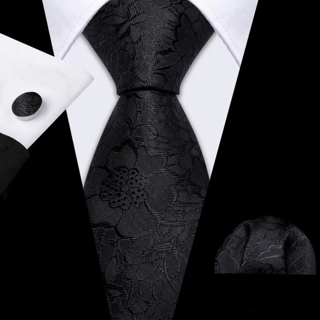 Black White Gray Silver Men Tie Handkerchief Cufflinks Set.