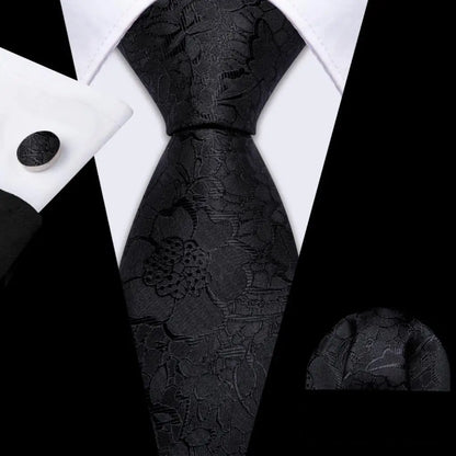 Black White Gray Silver Men Tie Handkerchief Cufflinks Set.