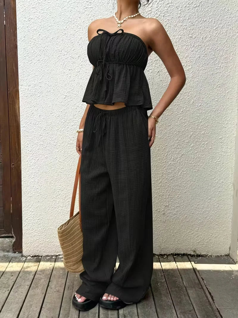 2 piece sets woman outfits, New women's casual two-piece lace up top and pants.