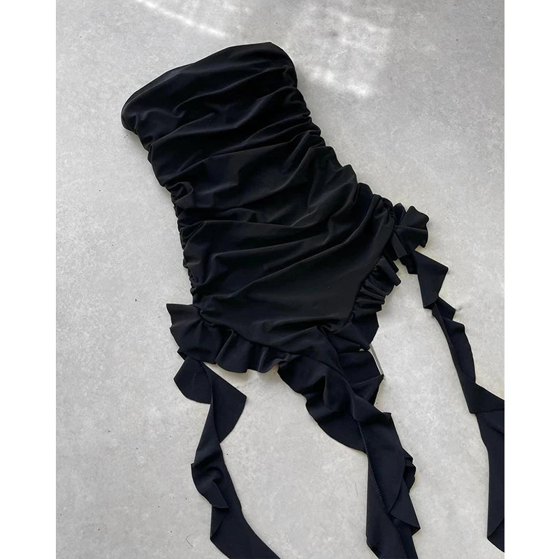 Women Strapless Sexy Floral Fold Hemline, High Slit, Mini Dress 2024 Solid