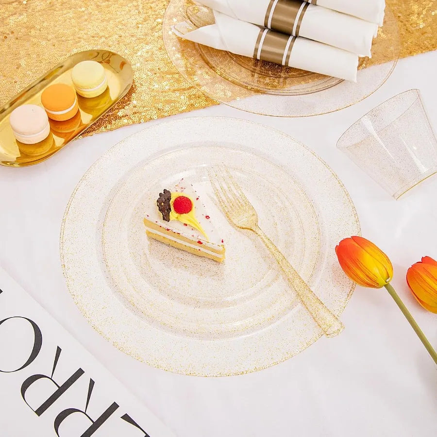 112Pcs Gold Glitter Plastic Plates  Disposable 16 Dessert Plates 16 Din
