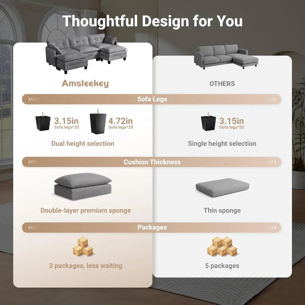 108" U Shaped Modular Sectional Sofa Comfy Cloud 3 Seat with Movable Ottoman Deep Seat Living Room Linen Beige Customized