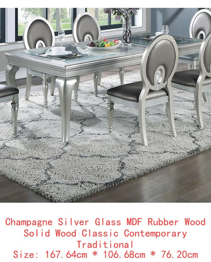 7pc Rect. Glass Dining Table Set w/ Silver Hue & 6 Tufted Side Chairs for Dining Room