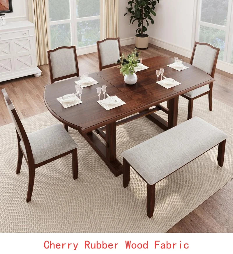 6-Piece Dining Set, Extendable 60-78 inch Wooden Table with Leaf, 4 Upholstered Chairs & Bench