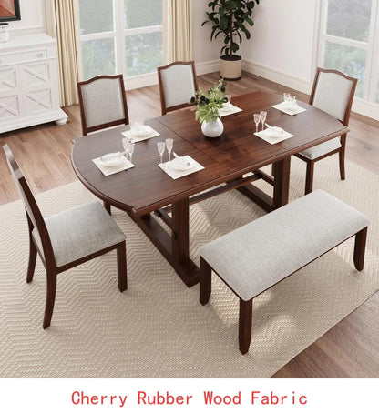 6-Piece Dining Set, Extendable 60-78 inch Wooden Table with Leaf, 4 Upholstered Chairs & Bench