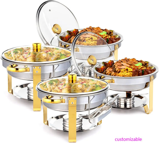 5QT 4 Packs Chafing Dish Buffet Set Gold Accent, NSF Round Stainless Steel Buffet Warmer.