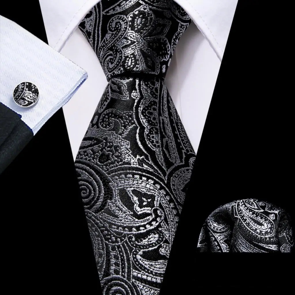 Black White Gray Silver Men Tie Handkerchief Cufflinks Set.