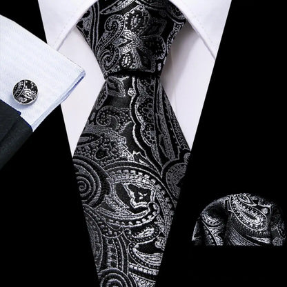 Black White Gray Silver Men Tie Handkerchief Cufflinks Set.