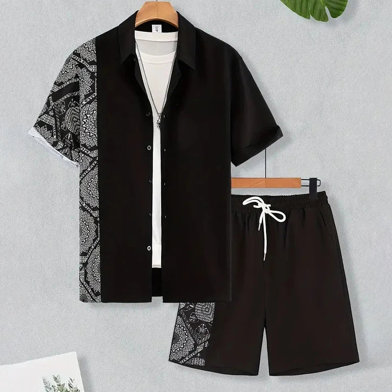 New Men Summer Holiday Suit Textured Printed Shirt Short Sleeve, Two Piece Men Breathable Pool Suit.