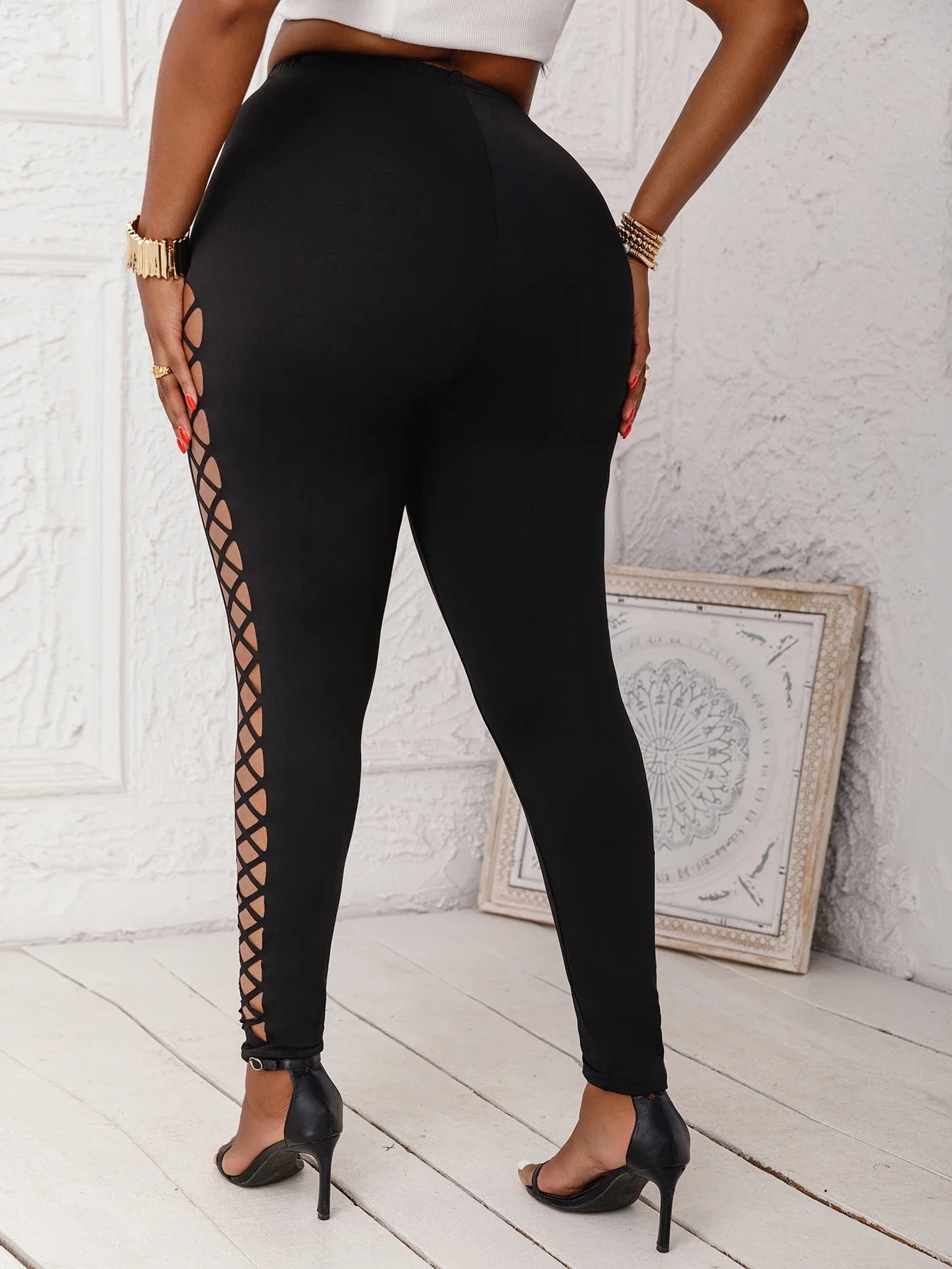 Women's Plus Size Mid-Waist Leggings Sexy Faux Cut-Out Grid Pattern Stretch Knit Pants.