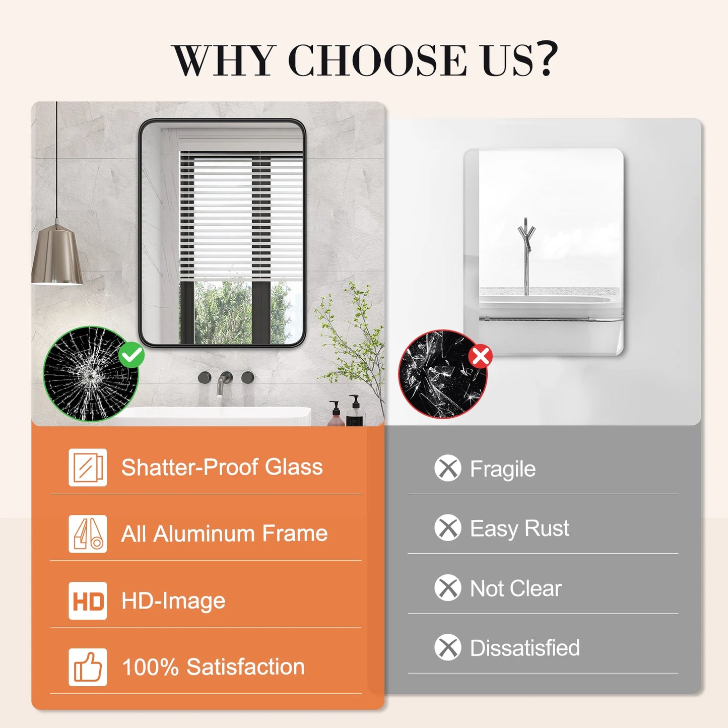 Metal Framed Bathroom Mirror Rectangle Rounded Corner Tempered Glass