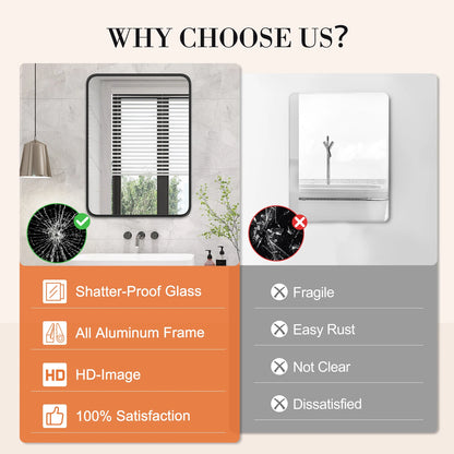 Metal Framed Bathroom Mirror Rectangle Rounded Corner Tempered Glass