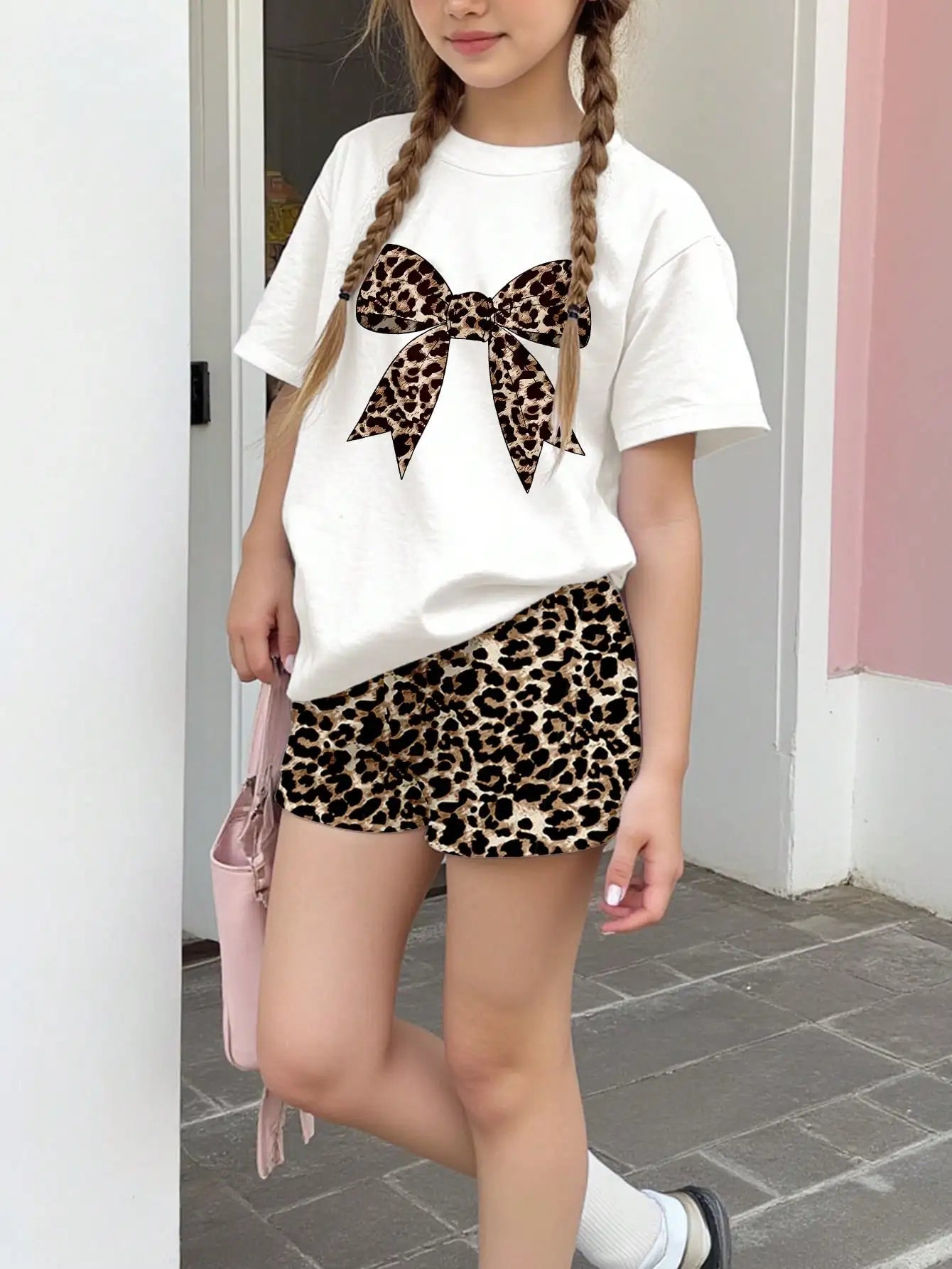 2pcs set of tween girls casual leopard print bow decoration polyester short sleeve shorts set.