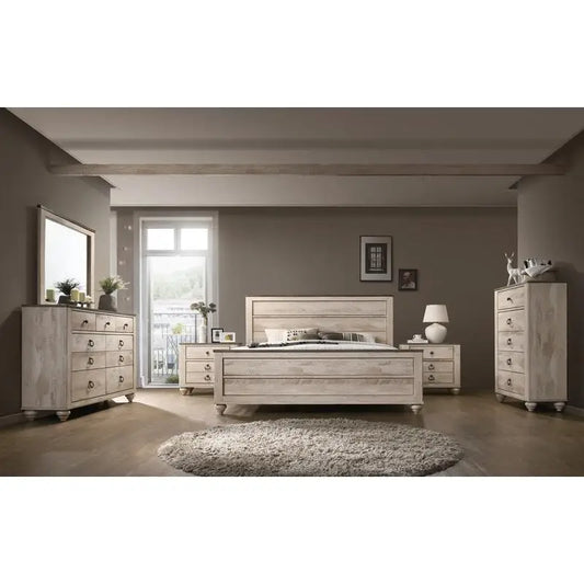 Contemporary White Wash Finish 6-Piece Bedroom Set: King Bed, Dresser & Mirror, 2 Nightstands, Chest