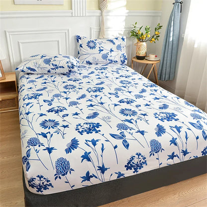 Twin Fitted Bed Sheet with Elastic Blue Flower Printed Bed Cover Single/Queen/King.