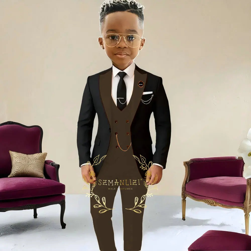 Boys Suit , Tuxedo Black Jacket, Beige Pants ,Vest 3 Pieces Set Kids 2-16 Years Old.