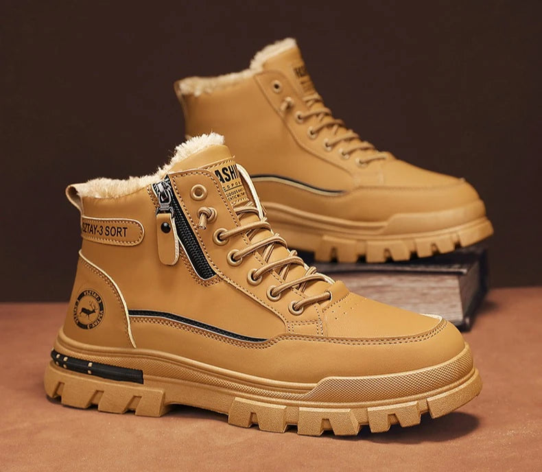 New winter plush thick warm men cotton shoes, trendy outdoor high top male boots.