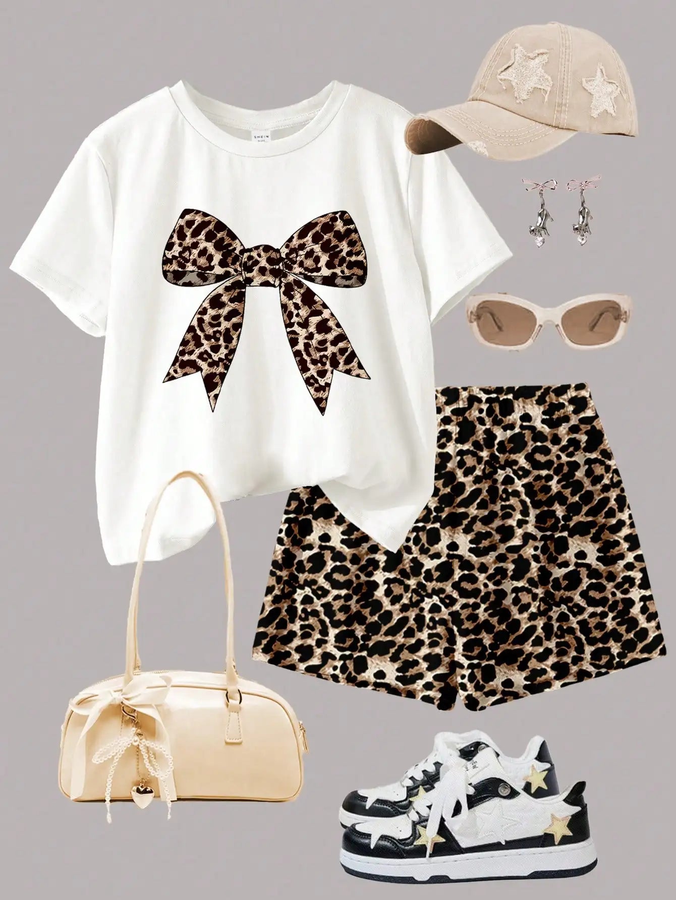 2pcs set of tween girls casual leopard print bow decoration polyester short sleeve shorts set.