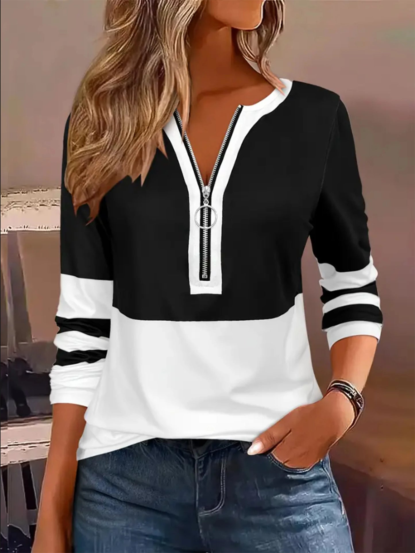 Plus Size Long Sleeve, Geometric Stripes & Color Block Ring Zipper.