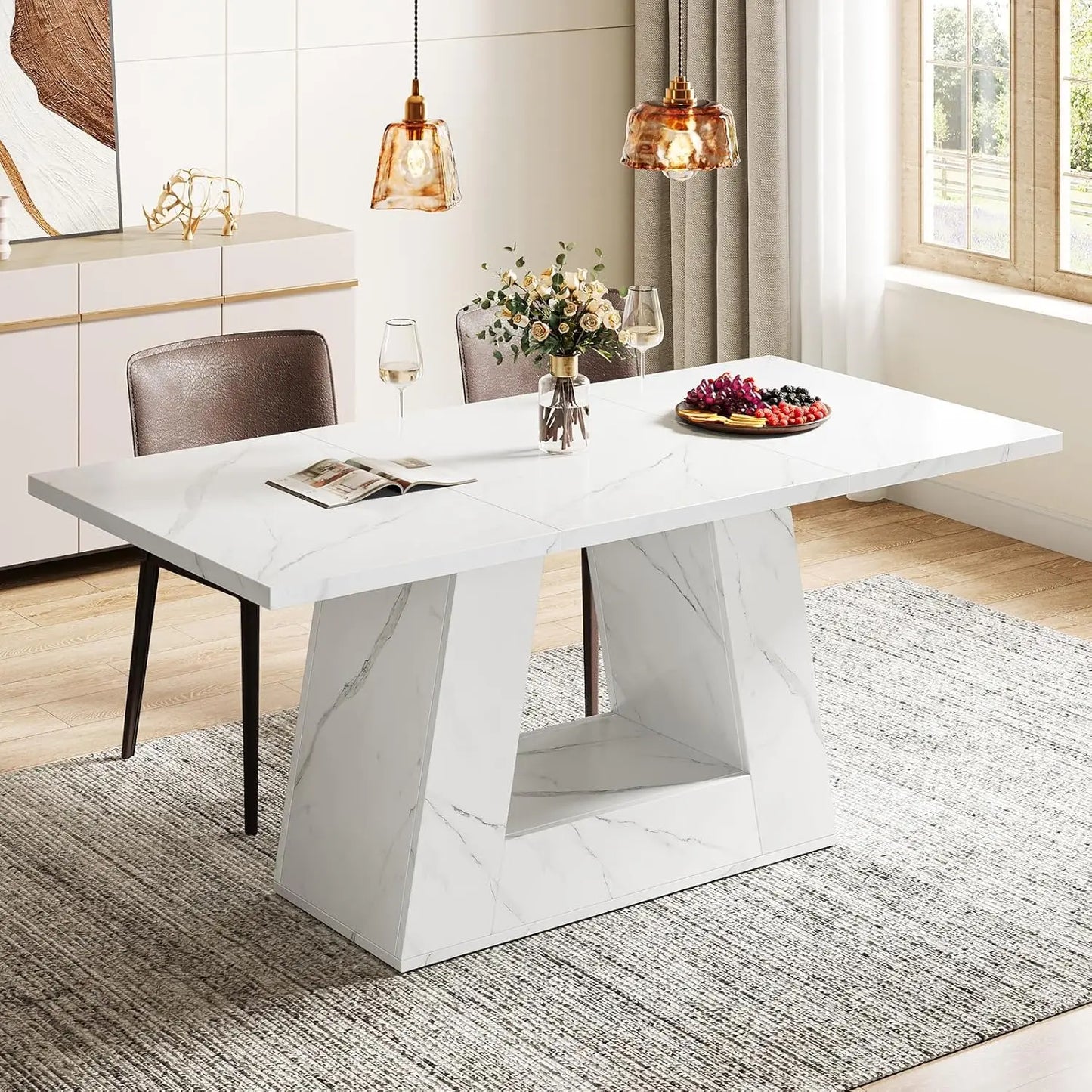 Dining Table for 4 to 6 People, 63" Rectangular Dining Room Table, Modern Wooden Faux Marble Dinner Table with Sturdy Base