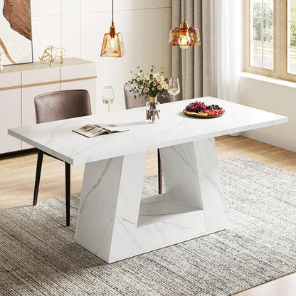 Dining Table for 4 to 6 People, 63" Rectangular Dining Room Table, Modern Wooden Faux Marble Dinner Table with Sturdy Base