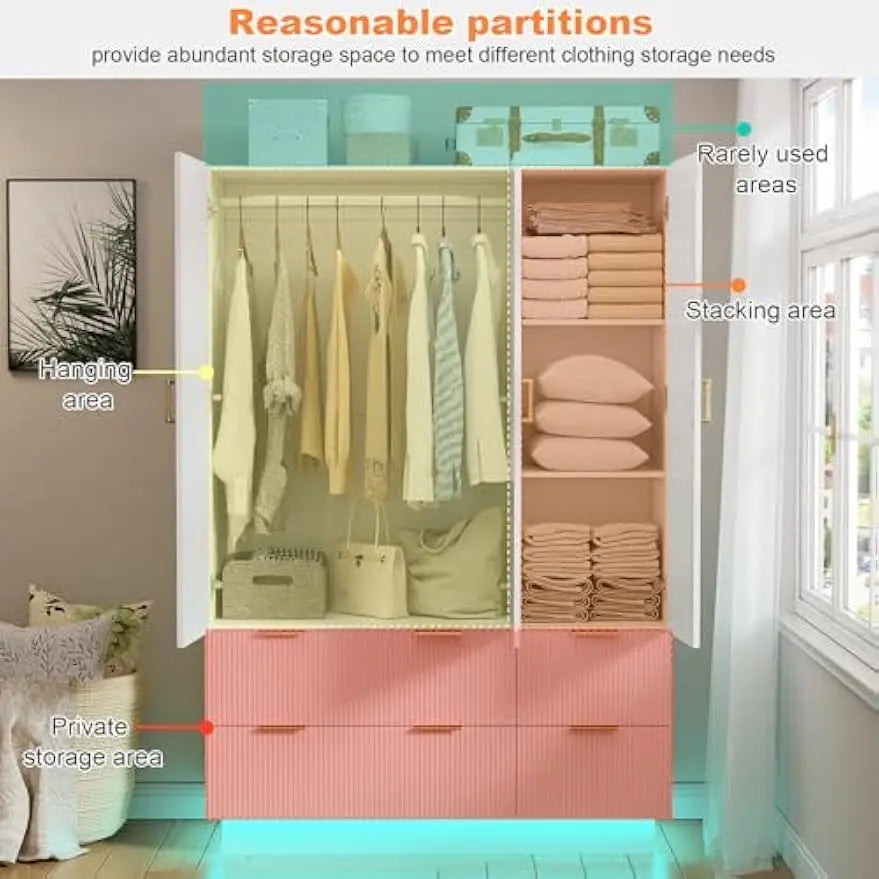 Armoire Wardrobe Closet with 3 Door, Mirror and LED Lights, Hanging Rod, Drawers.