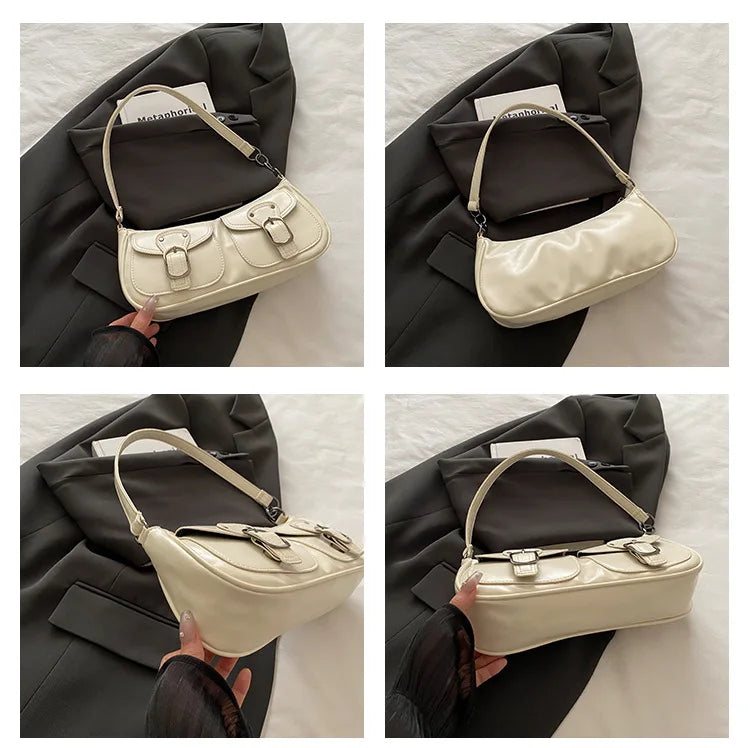 Fashion Pu Leather Women's Shoulder Bag, Small Double Pocket Design Ladies Underarm Bags Y2k. Vintage Female Handbags Clutch Purse