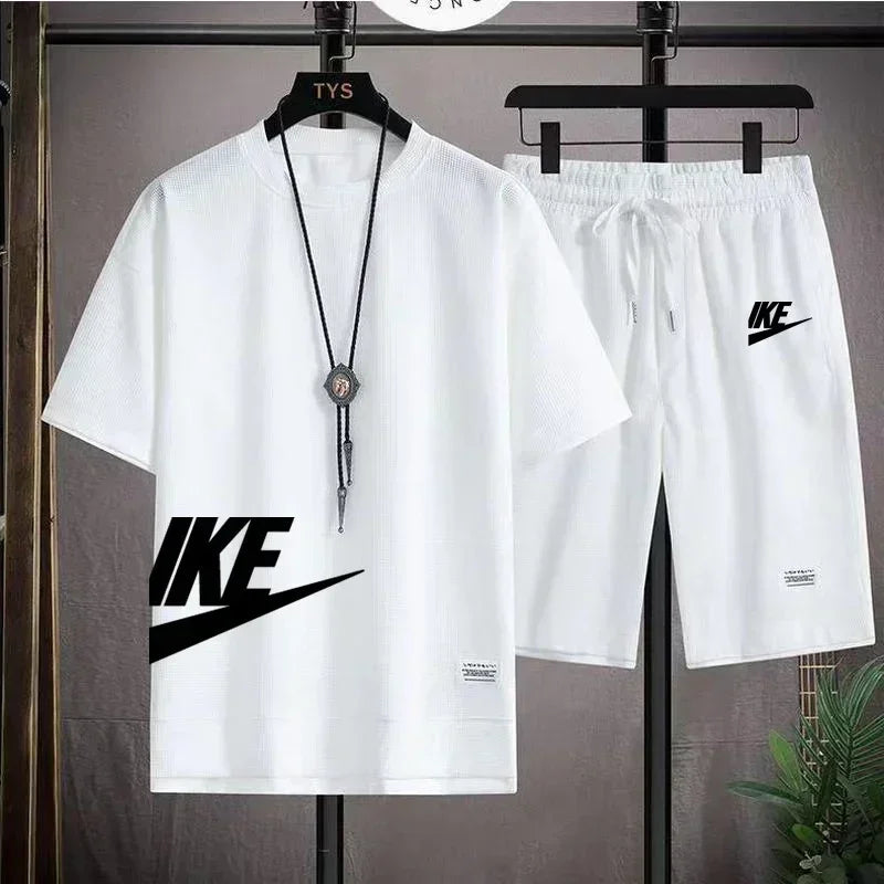 summer men casual short sleeved T-shirt shorts sports set, outdoor breathable jogging shorts 2-piece set.