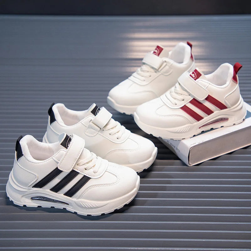 2026 New Spring Fall Sport Shoes for Boys, Fashion Patchwork Stripes Sneakers for Girls, Black, Khaki, Gray Kids Trainers.