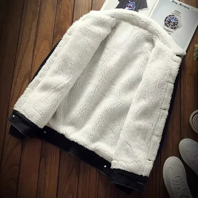 Winter Fleece-lined Thickened Denim Jacket  Loose Fit.