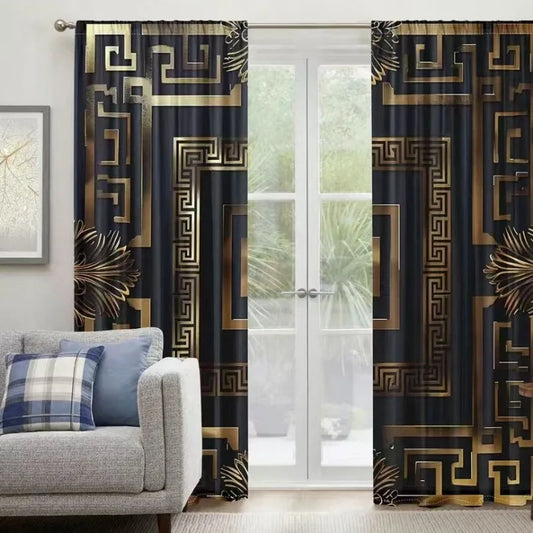 2pcs Gold patterned black background polyester curtains.