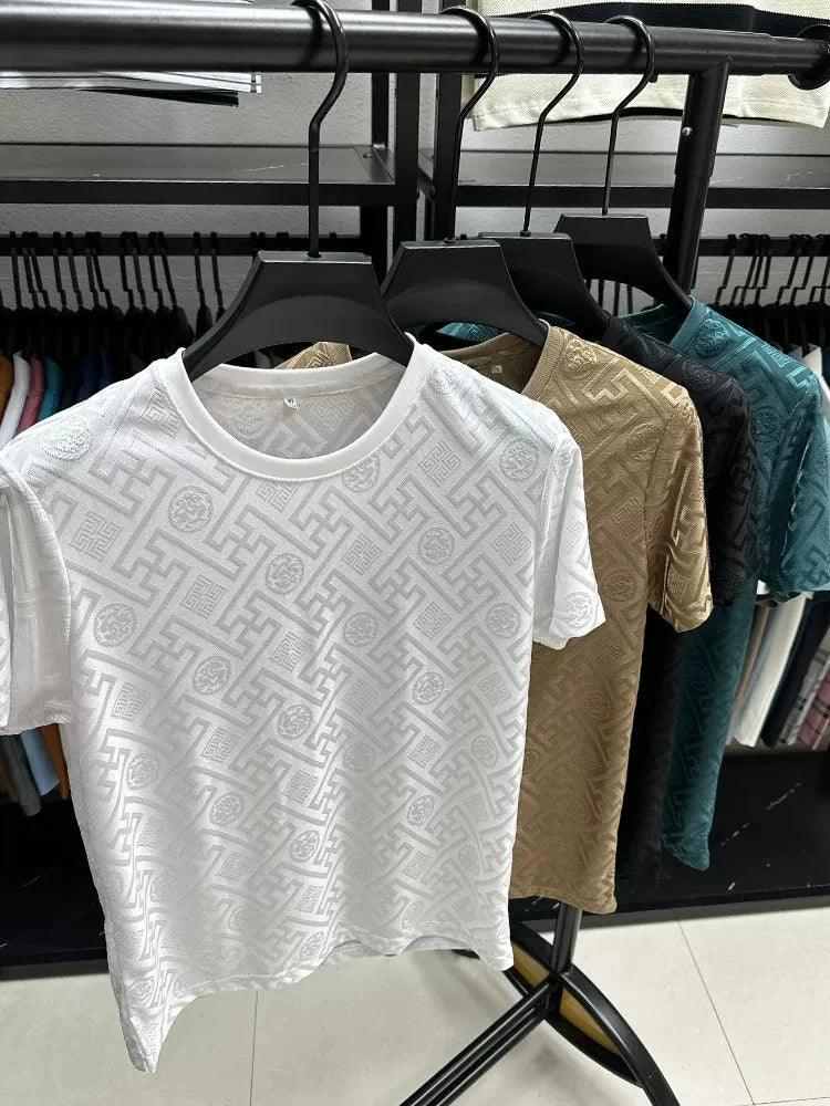 Summer fashion brand high-quality, short sleeve men round neck jacquard design T-shirt.