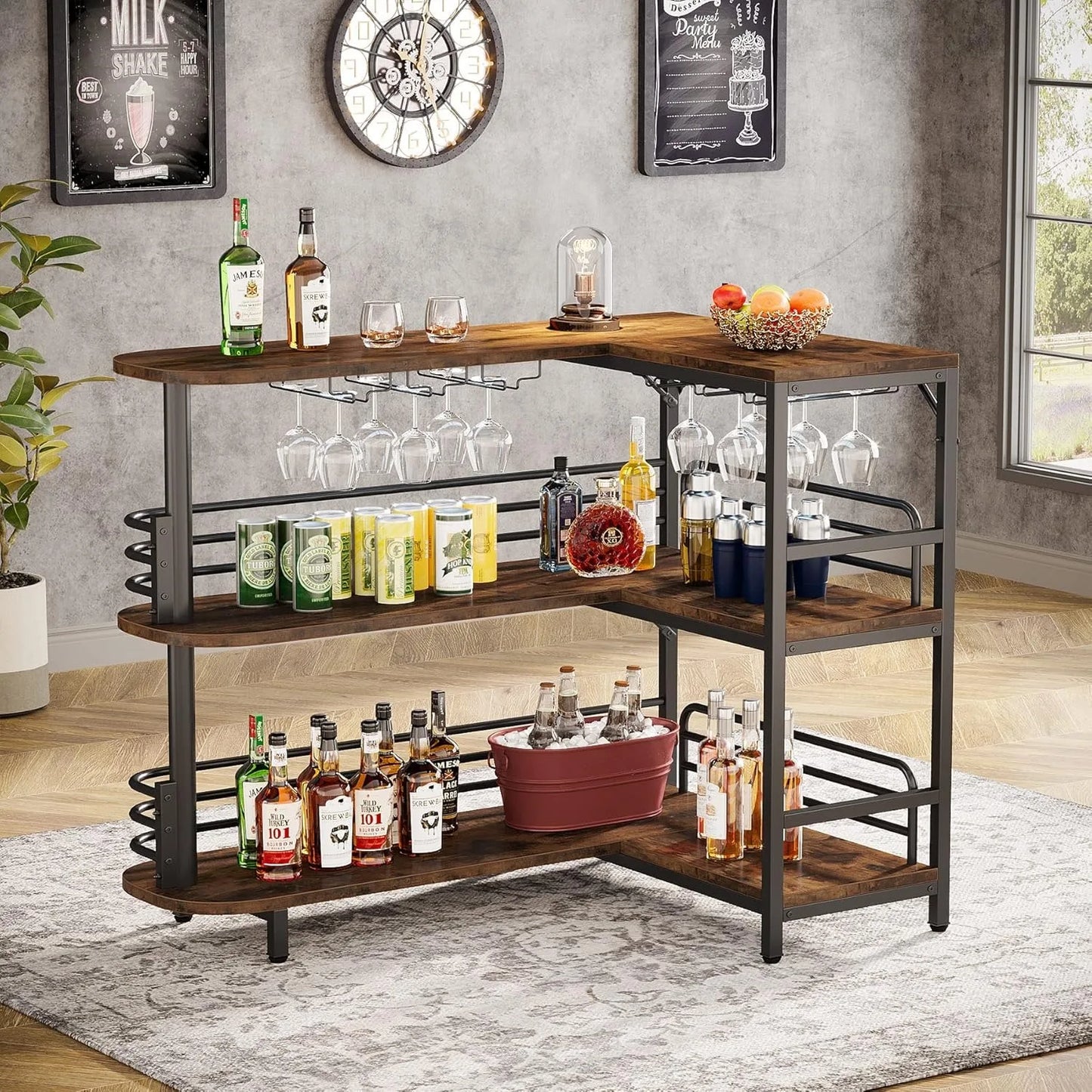 L-Shaped Home Bar Unit, 3 Tier Liquor Bar Table with Storage and Wine Glasses Holder