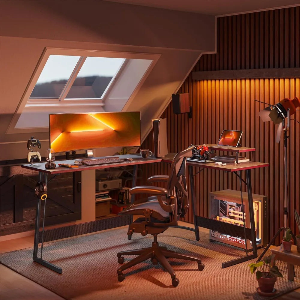 L-Shaped Gaming Desk ,Carbon Fiber Surface, Built-in Monitor Stand Home Office.