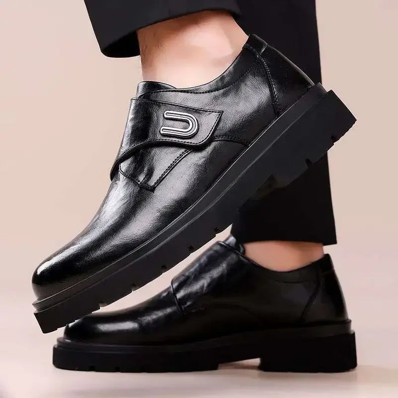 Casual Breathable Business Men Leather Shoes, Thick Bottom Slip-On Trendy Rubber Sole.