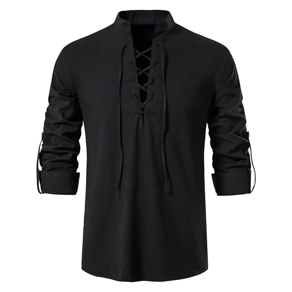 Men Shirts Casual Cotton Linen Long Sleeve Shirt Spring, Autumn Vintage Shirt US Size Drawstring Neck.