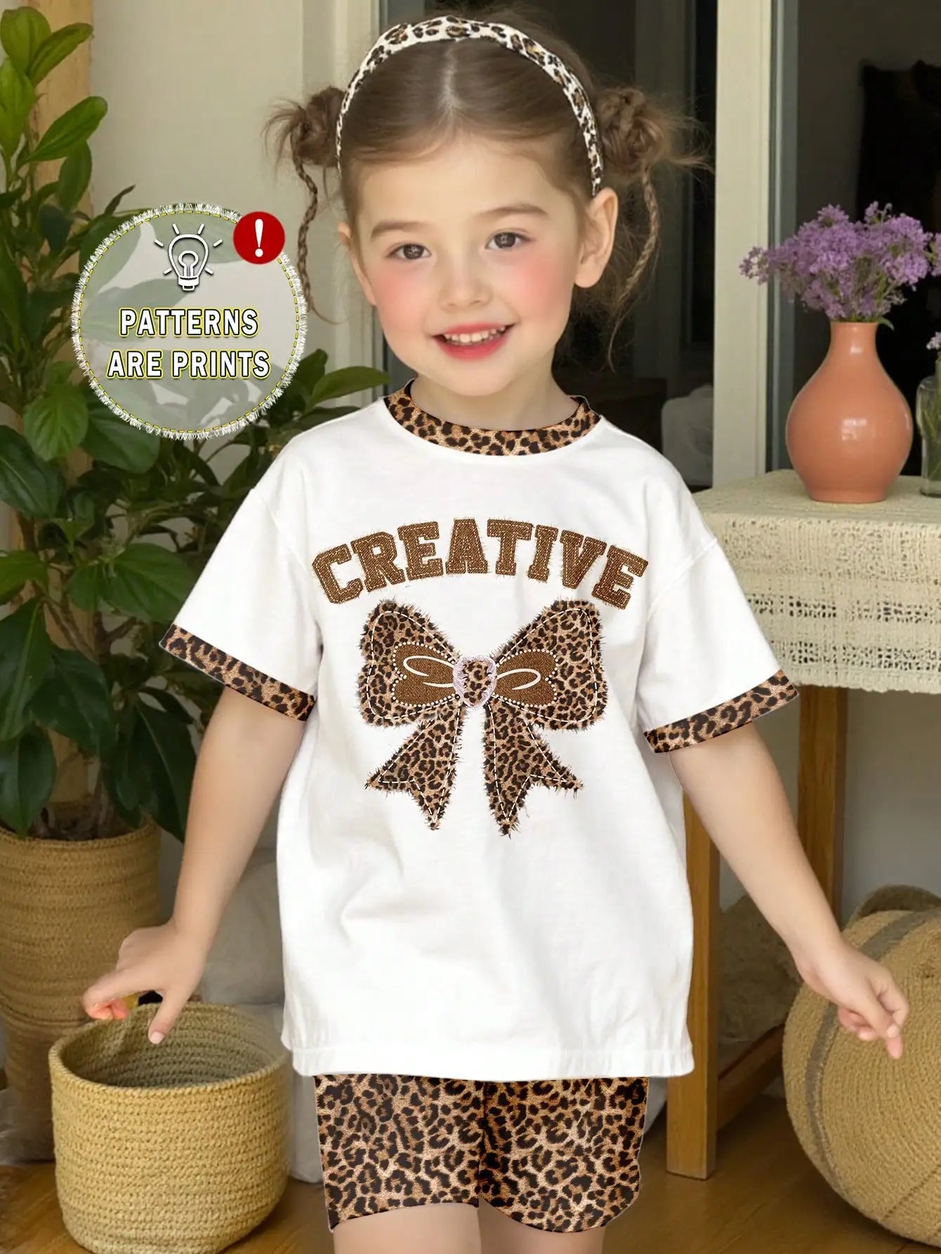 2pcs set of tween girls casual leopard print bow decoration polyester short sleeve shorts set.