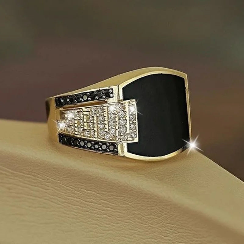 Classic Men Ring Fashion Metal Gold Color, Inlaid Black Stone Zircon Punk Rings for Men.