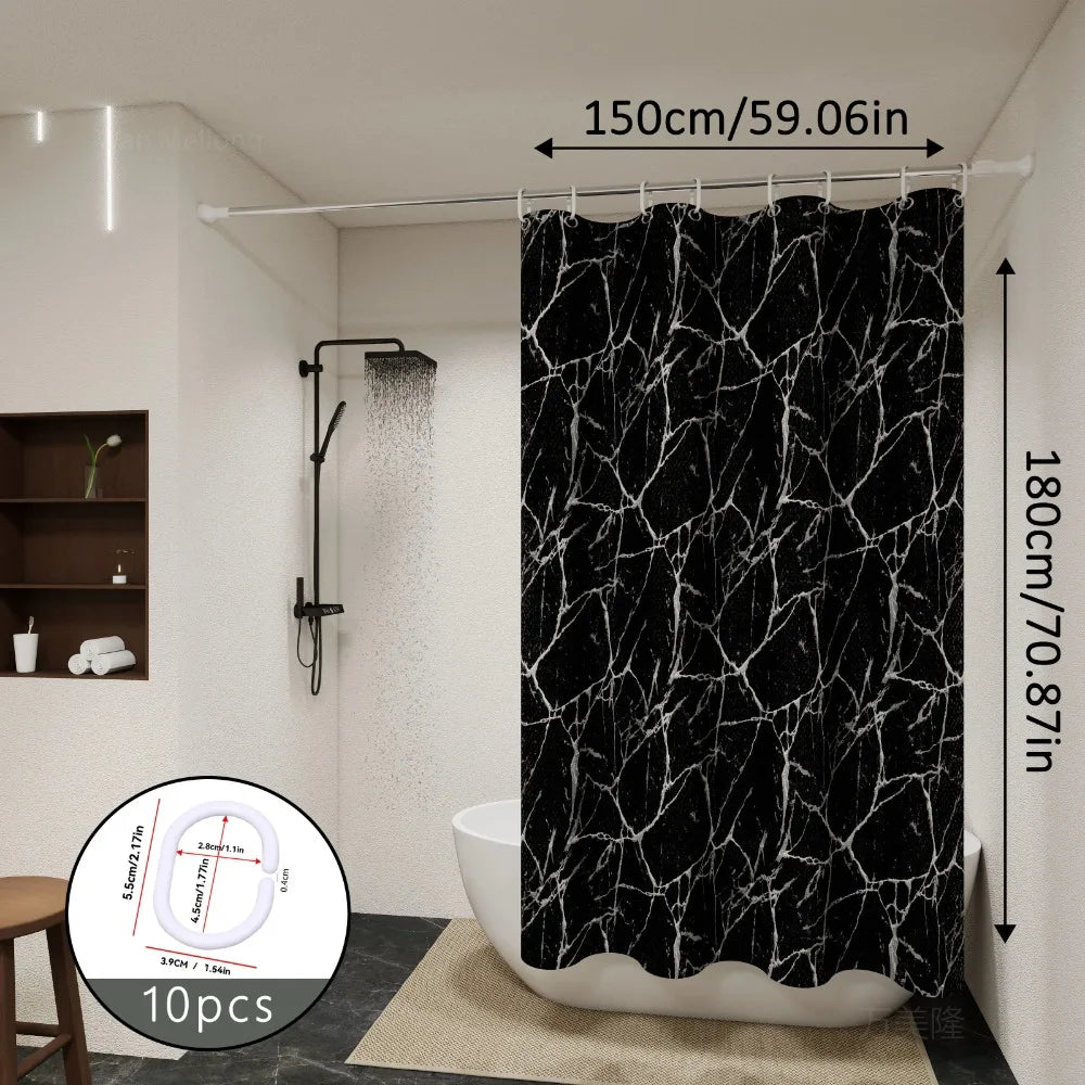 Bathroom Shower Curtain Easy Clean and Wipe Marble Curtain with Hooks
