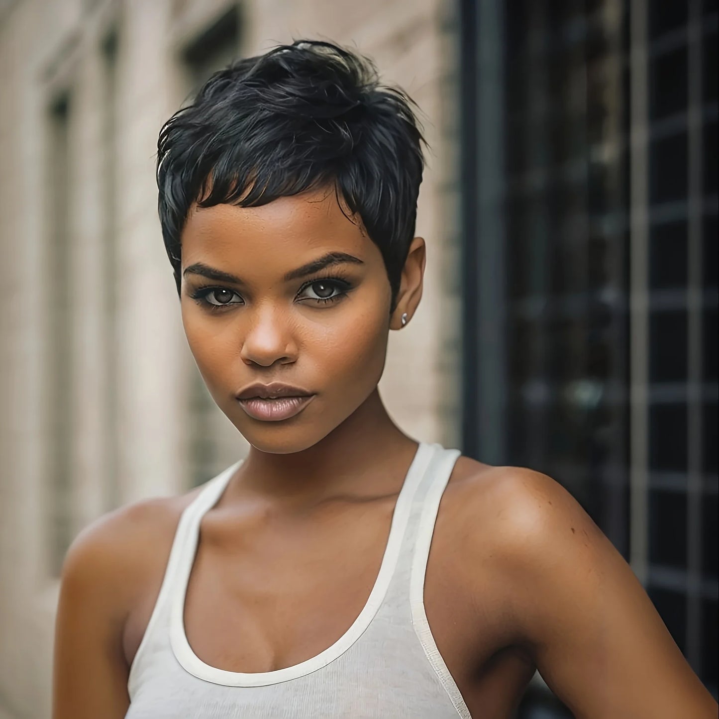 Short elf-cut wig with bangs, synthetic wig, women's short color wig.