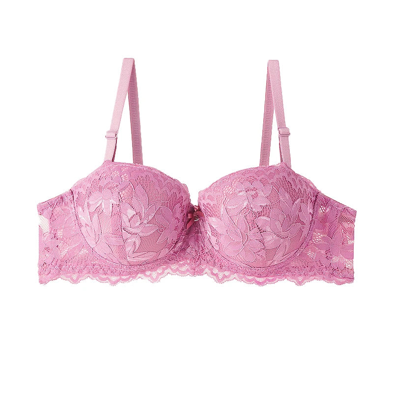 Women's Push Up Half Cup Bras, French Lace Floral Thicken Bottom, Gathered Underwire 36-42 Cup Soft Underwear.