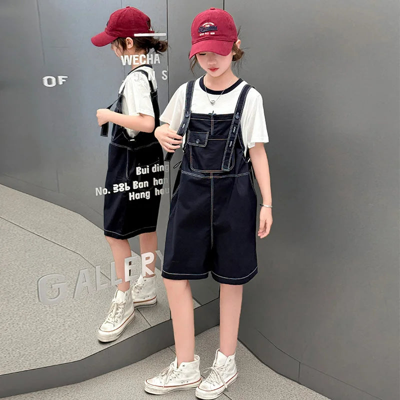 Girls Fashion Denim Overalls Medium, Big Children's Casual Loose Denim