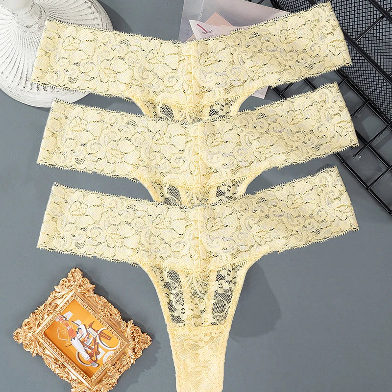 3PCS Lace Floral Women Panties ,Low Waist Breathable Briefs Female Thong Underwear M-2XL Sexy G-String Transparent Panty.