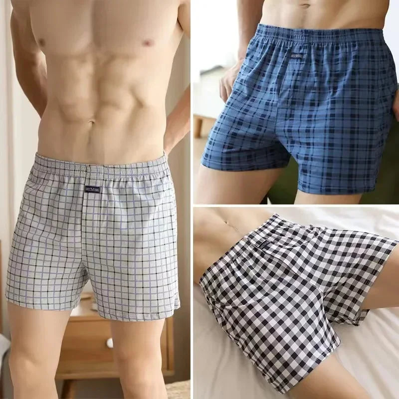 Plus Size 100% Cotton Plaid Boxer Shorts Widen Waist Underwear.