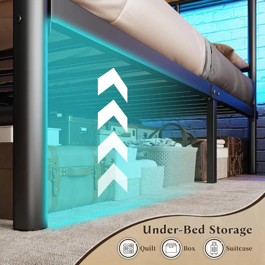 Metal King Bed Frame and Headboard Footboard ,with LED Light Mattress Foundation, with Under Bed Storage.