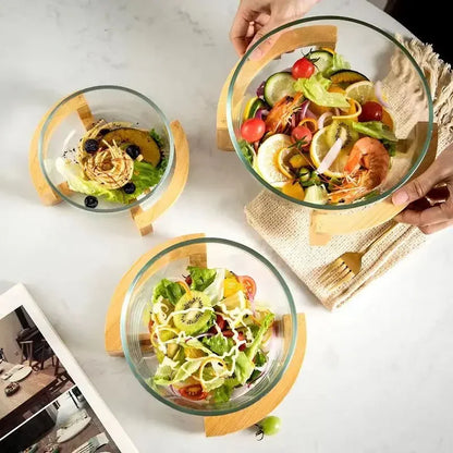 Elegant Glass Salad Bowl Set with Wooden Base.
