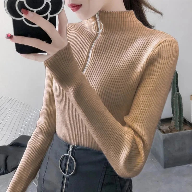 Knitted Women Zipper Half High Neck Sweater Solid Knitwear.