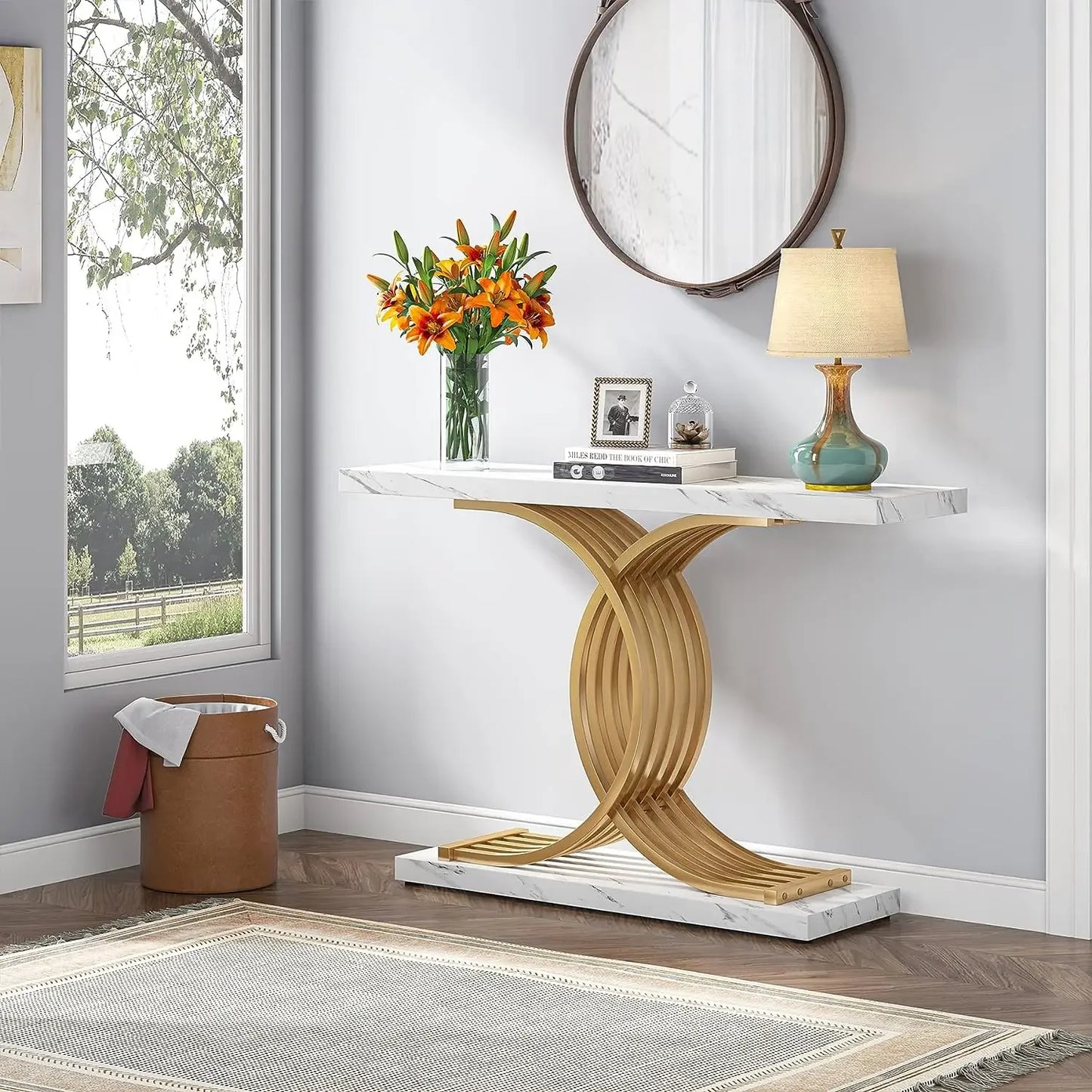 Gold Entryway Table, Modern 39-Inch Console Faux Marble Metal Legs.