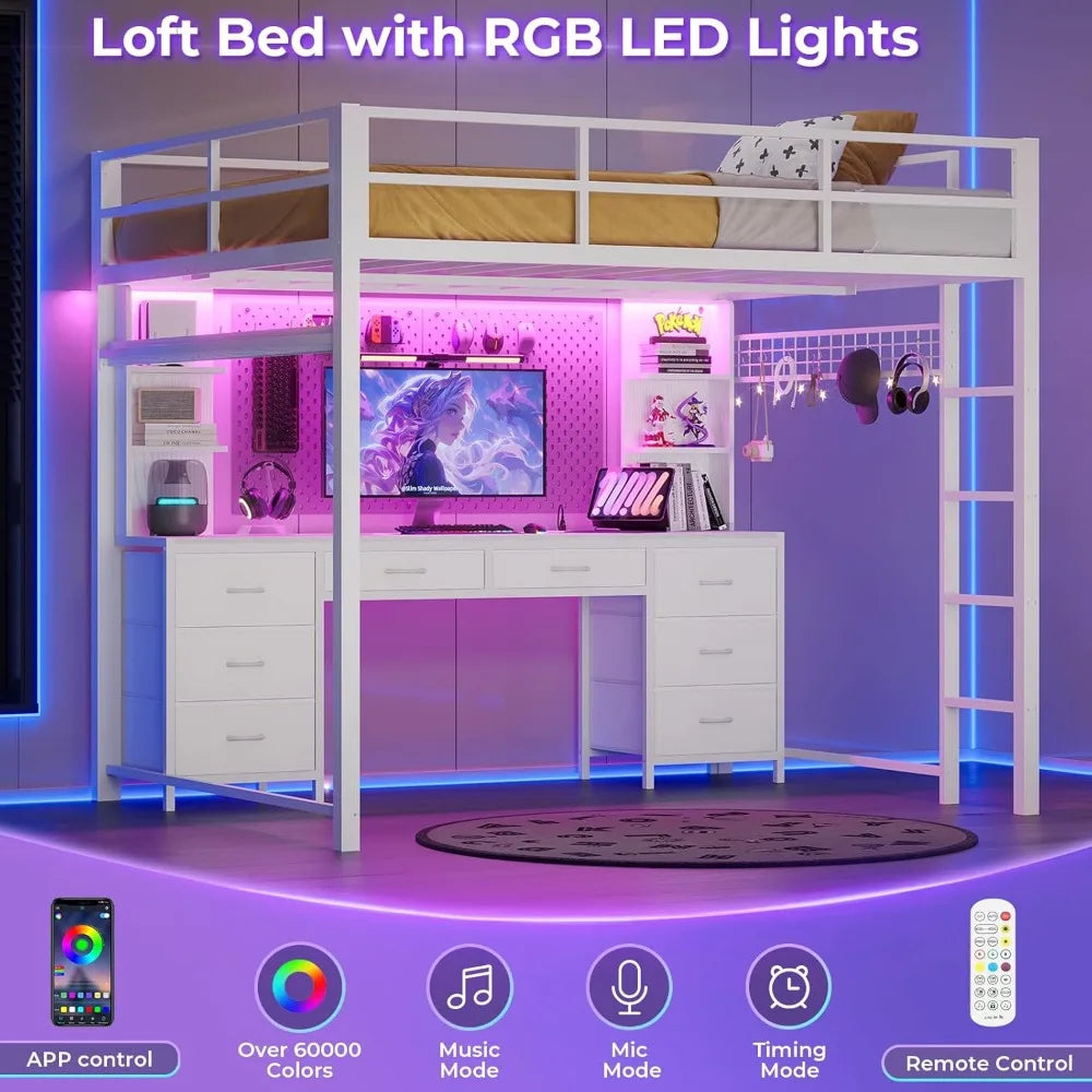 Full Metal Loft Bed with Desk, 8 Drawers Storage, Charging Station & LED Lights, Space-Saving.